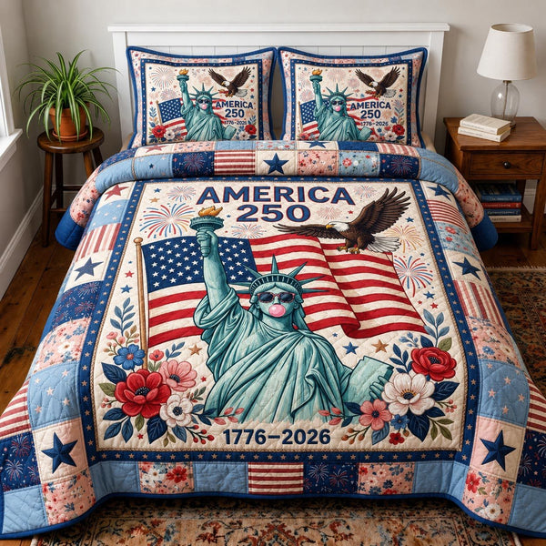 Heritage Patch quilted 3-piece bedding set on a made bed in a farmhouse bedroom