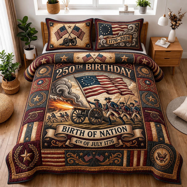 Heritage Patch quilted 3-piece bedding set on a made bed in a farmhouse bedroom