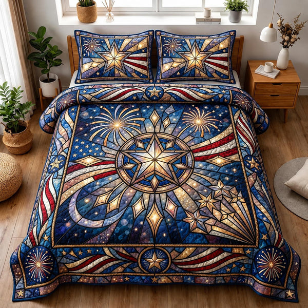 Heritage Patch quilted 3-piece bedding set on a made bed in a farmhouse bedroom