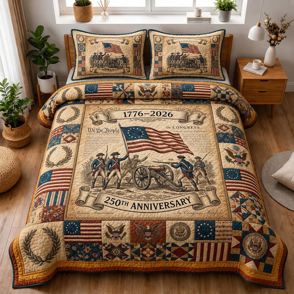Heritage Patch quilted 3-piece bedding set on a made bed in a farmhouse bedroom