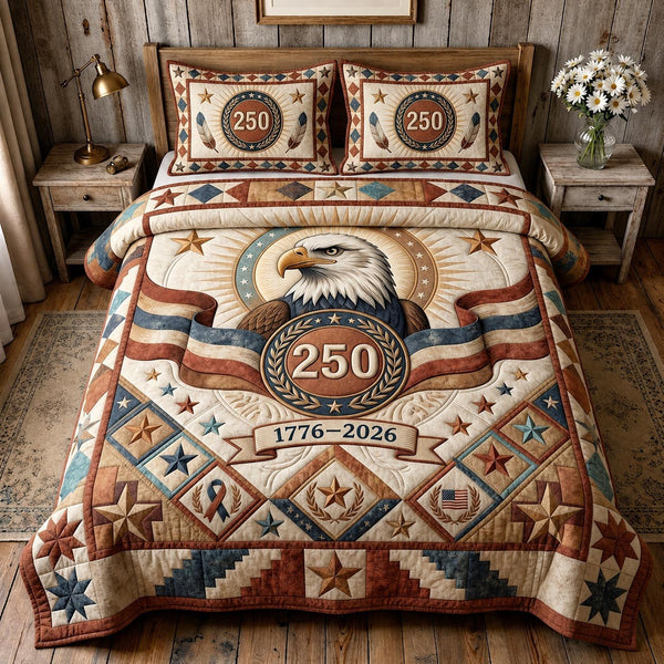 Heritage Patch quilted 3-piece bedding set on a made bed in a farmhouse bedroom