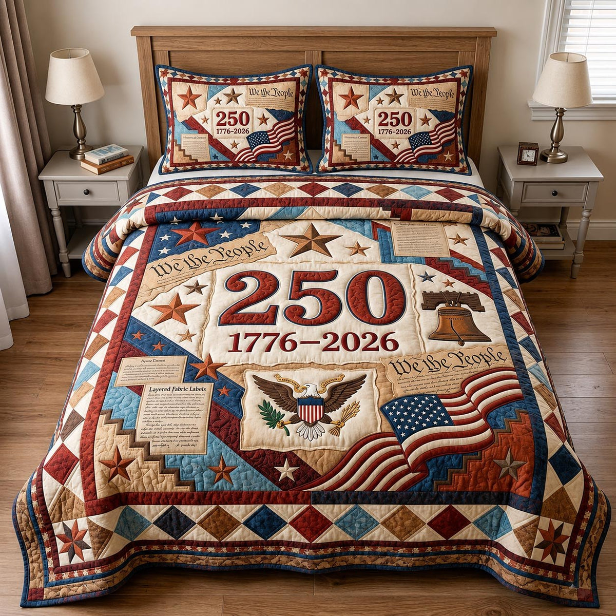 Heritage Patch quilted 3-piece bedding set on a made bed in a farmhouse bedroom