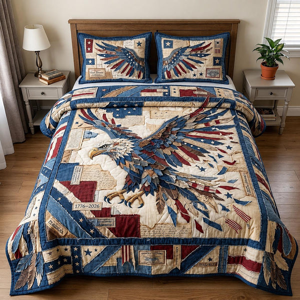 Heritage Patch quilted 3-piece bedding set on a made bed in a farmhouse bedroom
