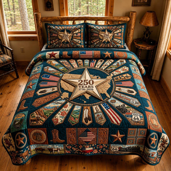 Heritage Patch quilted 3-piece bedding set on a made bed in a farmhouse bedroom