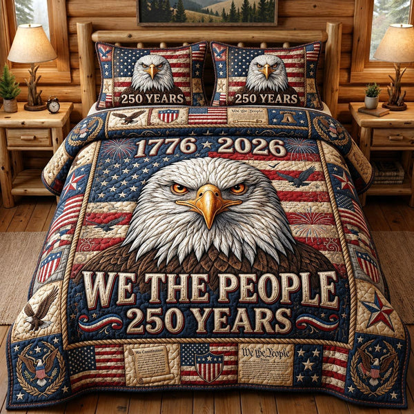 Heritage Patch quilted 3-piece bedding set on a made bed in a farmhouse bedroom