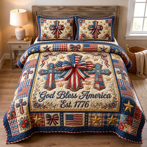 Heritage Patch quilted 3-piece bedding set on a made bed in a farmhouse bedroom