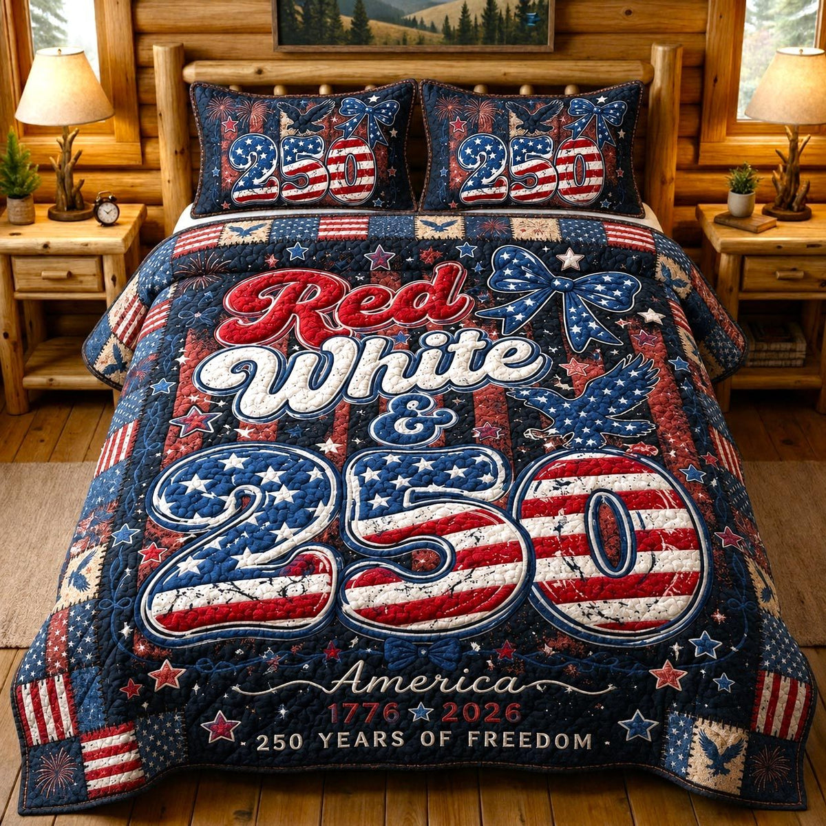 Heritage Patch quilted 3-piece bedding set on a made bed in a farmhouse bedroom