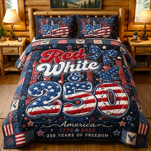 Heritage Patch quilted 3-piece bedding set on a made bed in a farmhouse bedroom