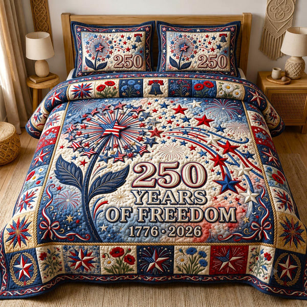 Heritage Patch quilted 3-piece bedding set on a made bed in a farmhouse bedroom