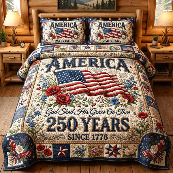 Heritage Patch quilted 3-piece bedding set on a made bed in a farmhouse bedroom