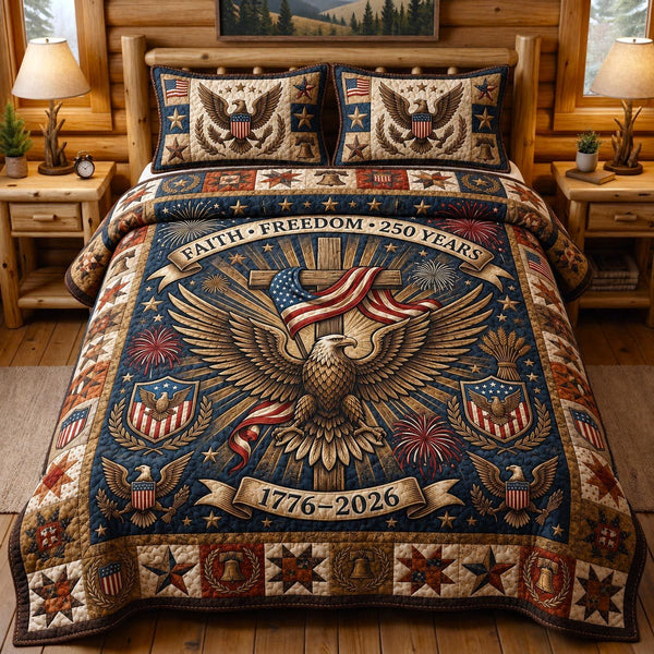 Heritage Patch quilted 3-piece bedding set on a made bed in a farmhouse bedroom