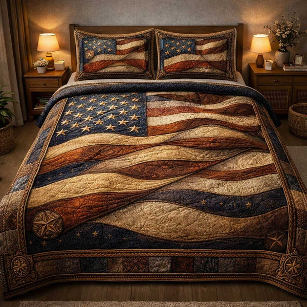 Heritage Patch quilted 3-piece bedding set on a made bed in a farmhouse bedroom