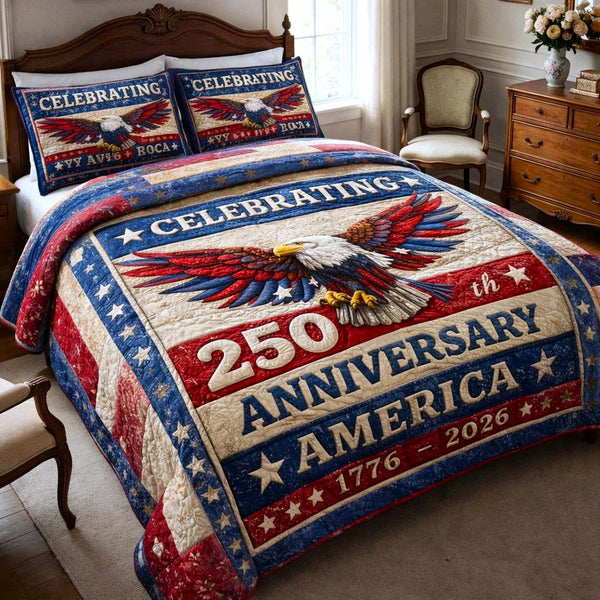 Heritage Patch quilted 3-piece bedding set on a made bed in a farmhouse bedroom
