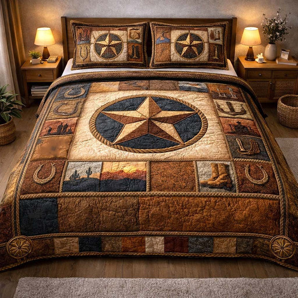 Heritage Patch quilted 3-piece bedding set on a made bed in a farmhouse bedroom