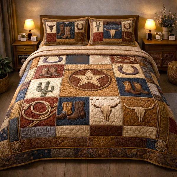 Heritage Patch quilted 3-piece bedding set on a made bed in a farmhouse bedroom