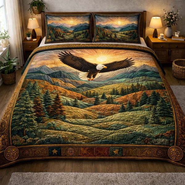 Heritage Patch quilted 3-piece bedding set on a made bed in a farmhouse bedroom