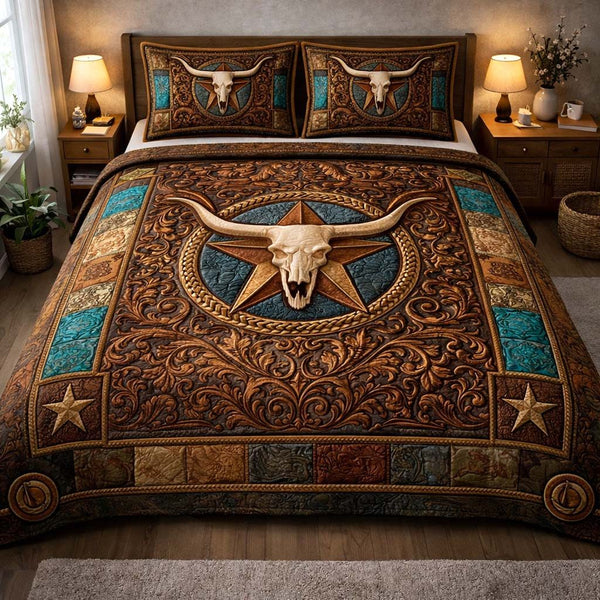 Heritage Patch quilted 3-piece bedding set on a made bed in a farmhouse bedroom