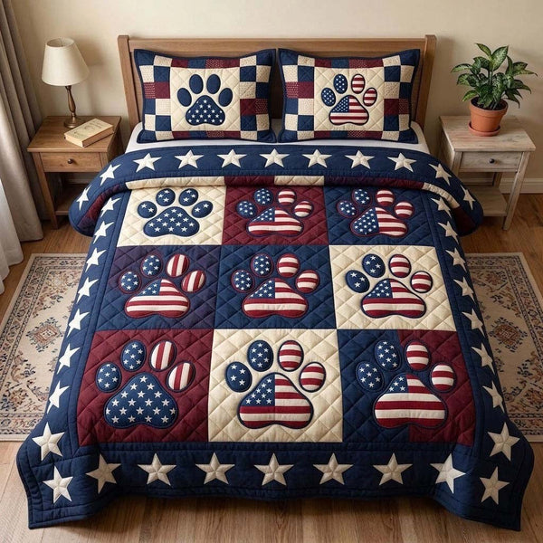 Heritage Patch quilted 3-piece bedding set on a made bed in a farmhouse bedroom