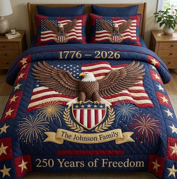 Heritage Patch quilted 3-piece bedding set on a made bed in a farmhouse bedroom