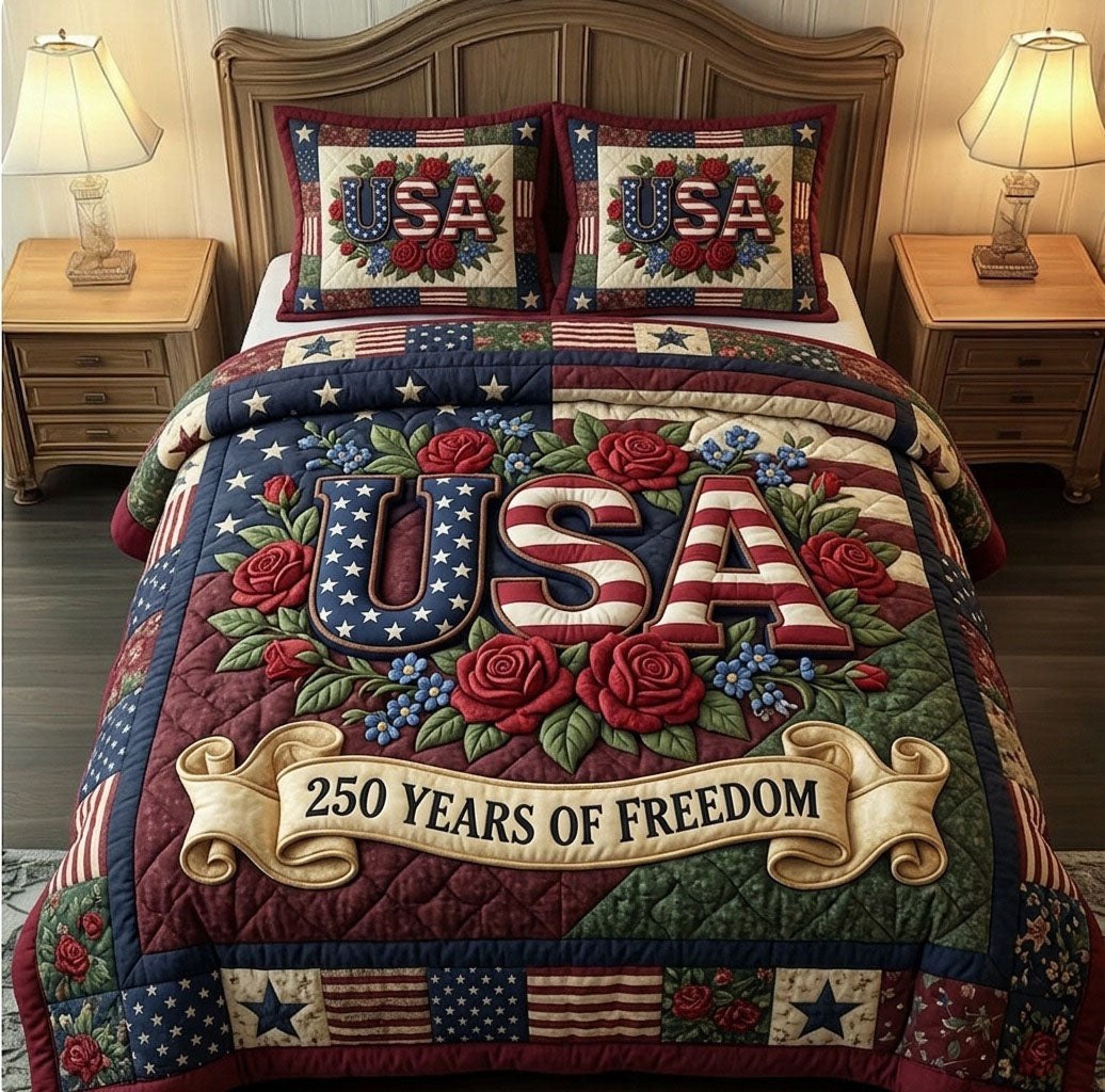 Heritage Patch quilted 3-piece bedding set on a made bed in a farmhouse bedroom