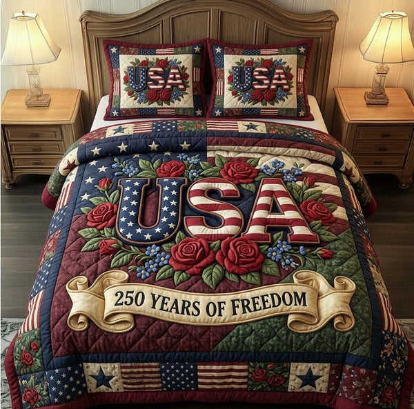 Heritage Patch quilted 3-piece bedding set on a made bed in a farmhouse bedroom