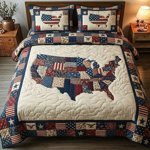 Heritage Patch quilted 3-piece bedding set on a made bed in a farmhouse bedroom