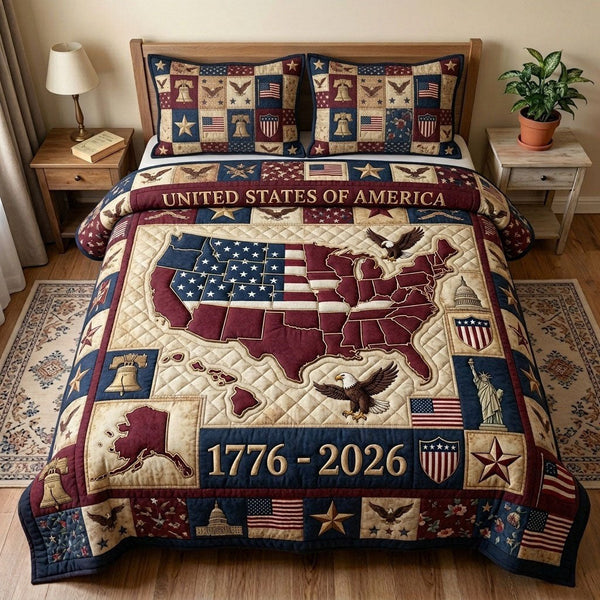 Heritage Patch quilted 3-piece bedding set on a made bed in a farmhouse bedroom
