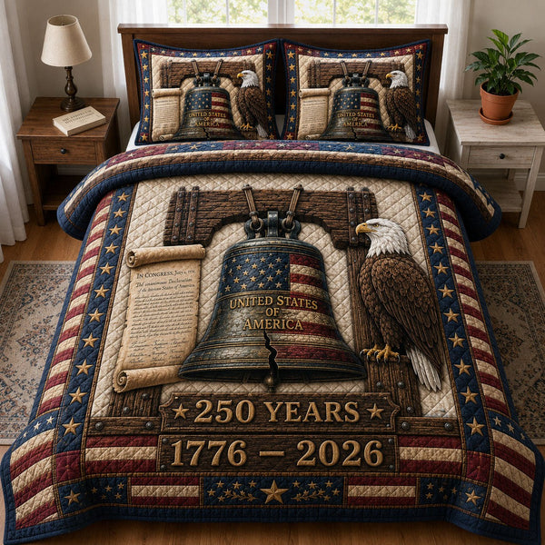 Heritage Patch quilted 3-piece bedding set on a made bed in a farmhouse bedroom
