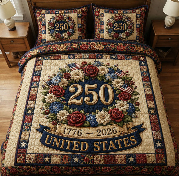 Heritage Patch quilted 3-piece bedding set on a made bed in a farmhouse bedroom