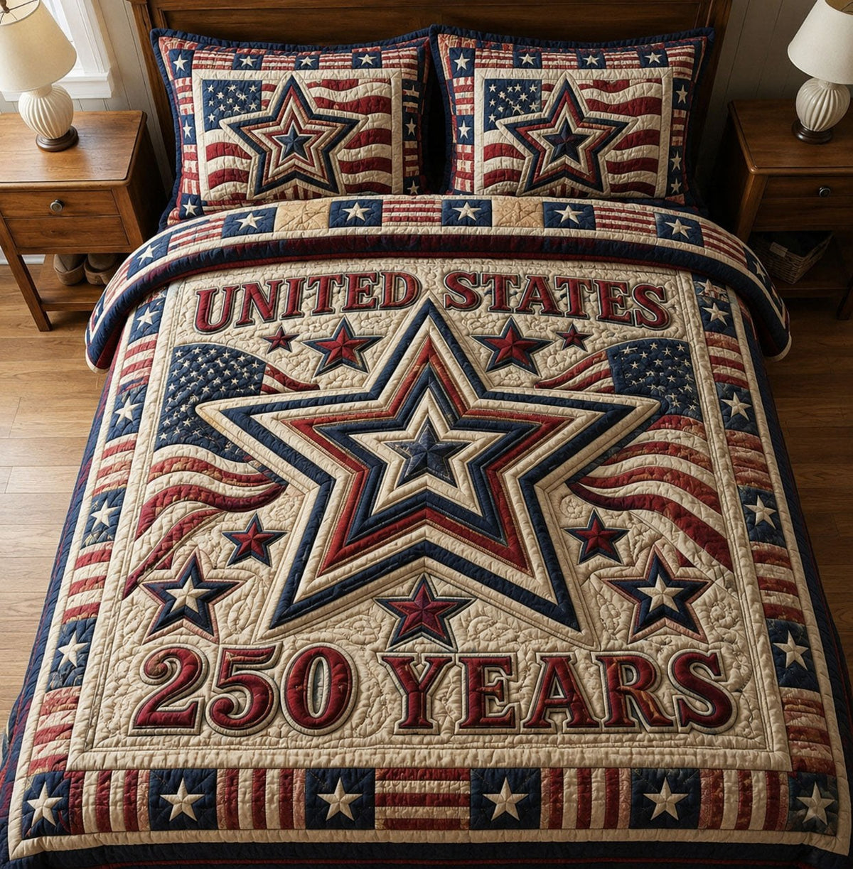 Heritage Patch quilted 3-piece bedding set on a made bed in a farmhouse bedroom