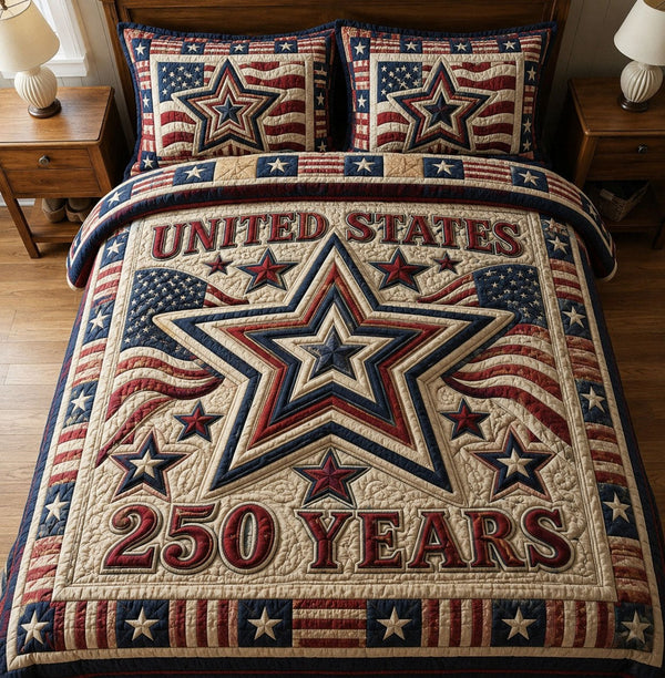 Heritage Patch quilted 3-piece bedding set on a made bed in a farmhouse bedroom