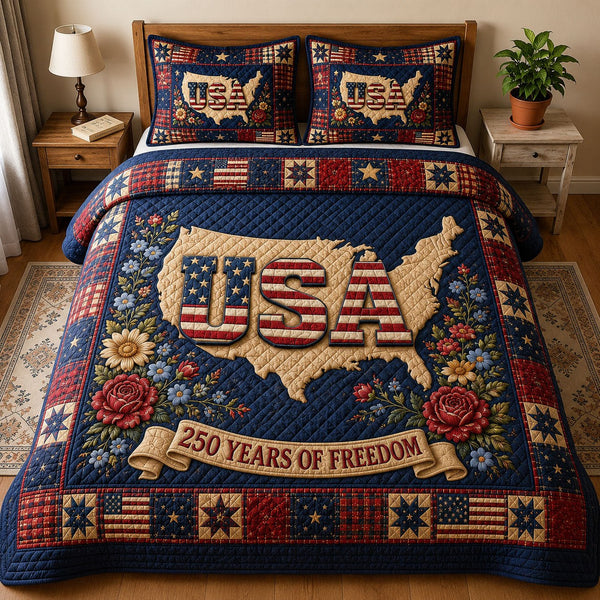 Heritage Patch quilted 3-piece bedding set on a made bed in a farmhouse bedroom
