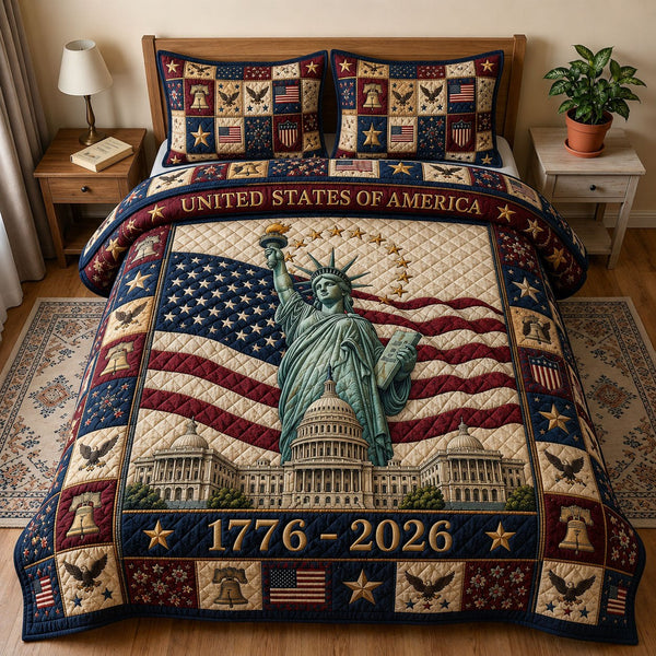 Heritage Patch quilted 3-piece bedding set on a made bed in a farmhouse bedroom