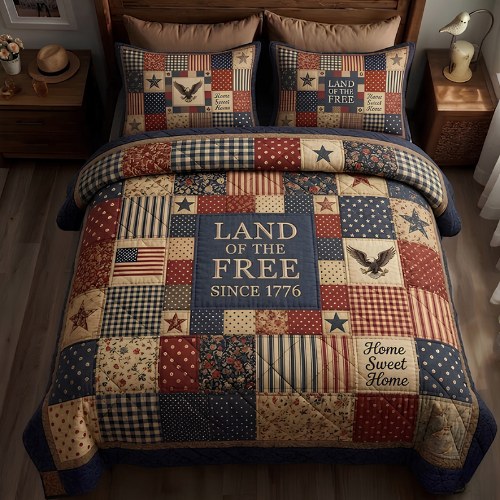 Heritage Patch quilted 3-piece bedding set on a made bed in a farmhouse bedroom