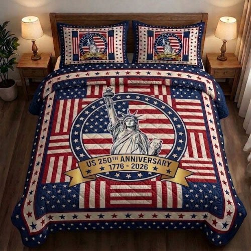 Heritage Patch quilted 3-piece bedding set on a made bed in a farmhouse bedroom