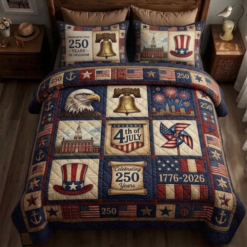 Heritage Patch quilted 3-piece bedding set on a made bed in a farmhouse bedroom