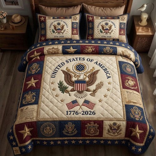 Heritage Patch quilted 3-piece bedding set on a made bed in a farmhouse bedroom