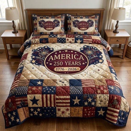 Heritage Patch quilted 3-piece bedding set on a made bed in a farmhouse bedroom