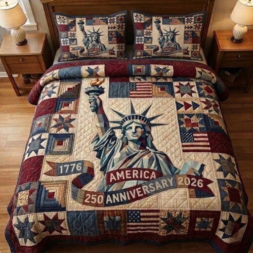 Heritage Patch quilted 3-piece bedding set on a made bed in a farmhouse bedroom