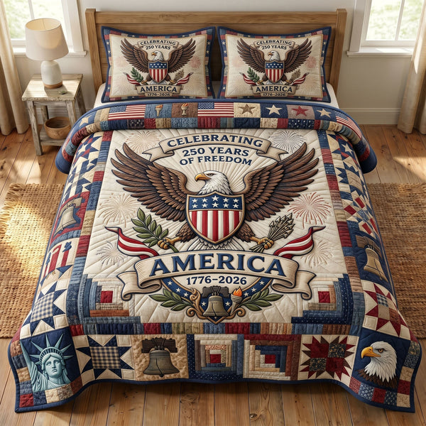 Heritage Patch quilted 3-piece bedding set on a made bed in a farmhouse bedroom