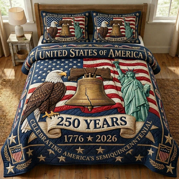 Heritage Patch quilted 3-piece bedding set on a made bed in a farmhouse bedroom