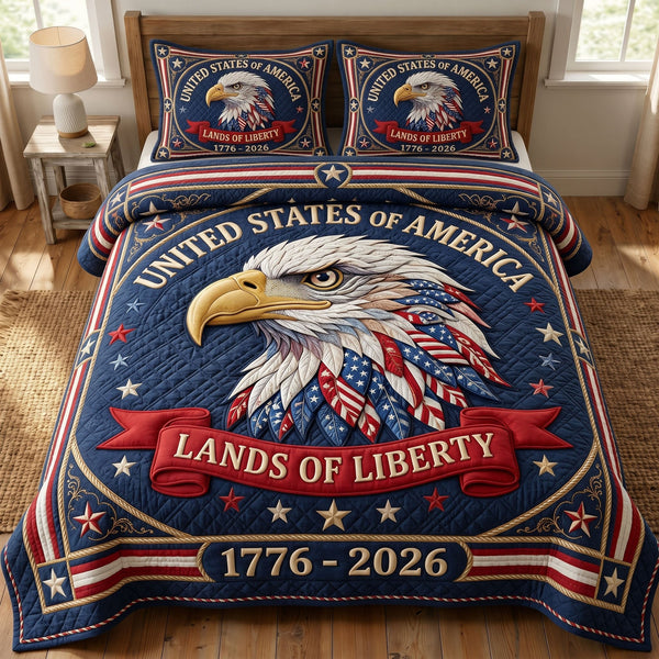 Heritage Patch quilted 3-piece bedding set on a made bed in a farmhouse bedroom