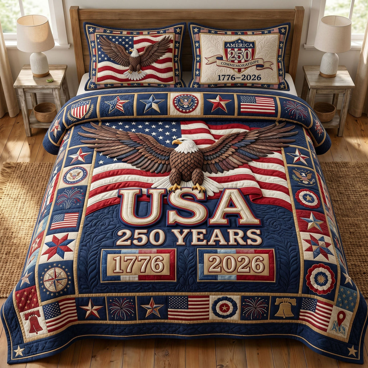 Heritage Patch quilted 3-piece bedding set on a made bed in a farmhouse bedroom