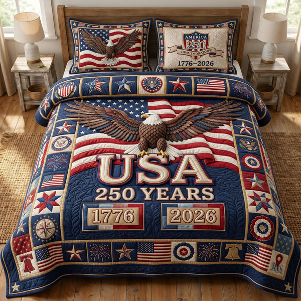 Heritage Patch quilted 3-piece bedding set on a made bed in a farmhouse bedroom