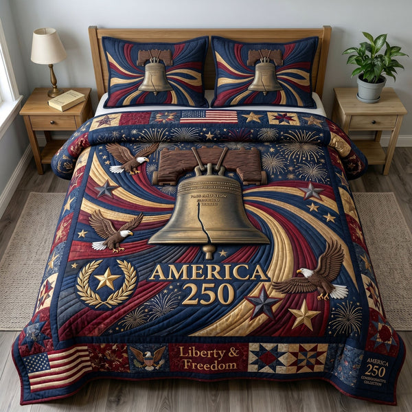 Heritage Patch quilted 3-piece bedding set on a made bed in a farmhouse bedroom