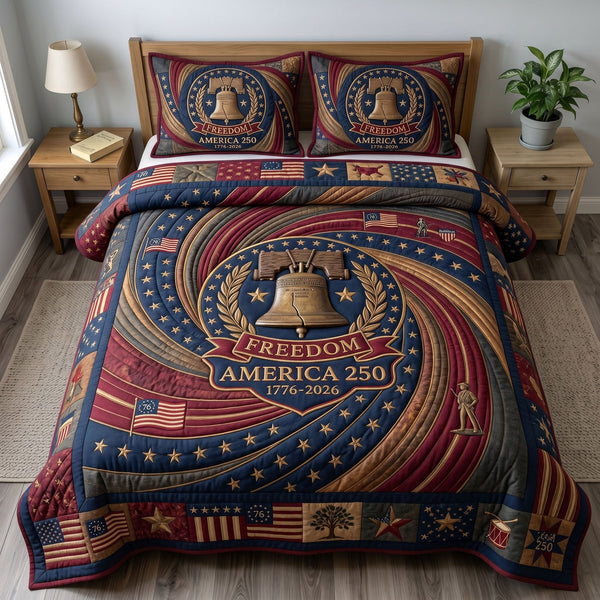 Heritage Patch quilted 3-piece bedding set on a made bed in a farmhouse bedroom