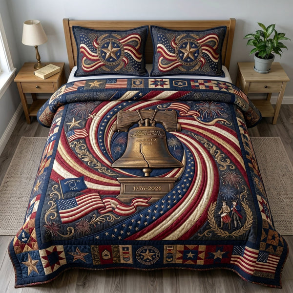 Heritage Patch quilted 3-piece bedding set on a made bed in a farmhouse bedroom