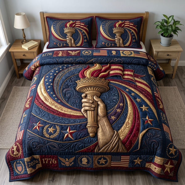 Heritage Patch quilted 3-piece bedding set on a made bed in a farmhouse bedroom