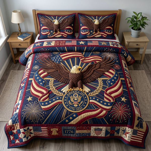 Heritage Patch quilted 3-piece bedding set on a made bed in a farmhouse bedroom