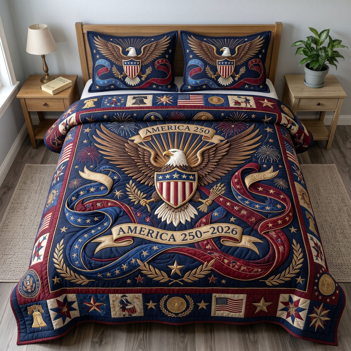 Heritage Patch quilted 3-piece bedding set on a made bed in a farmhouse bedroom